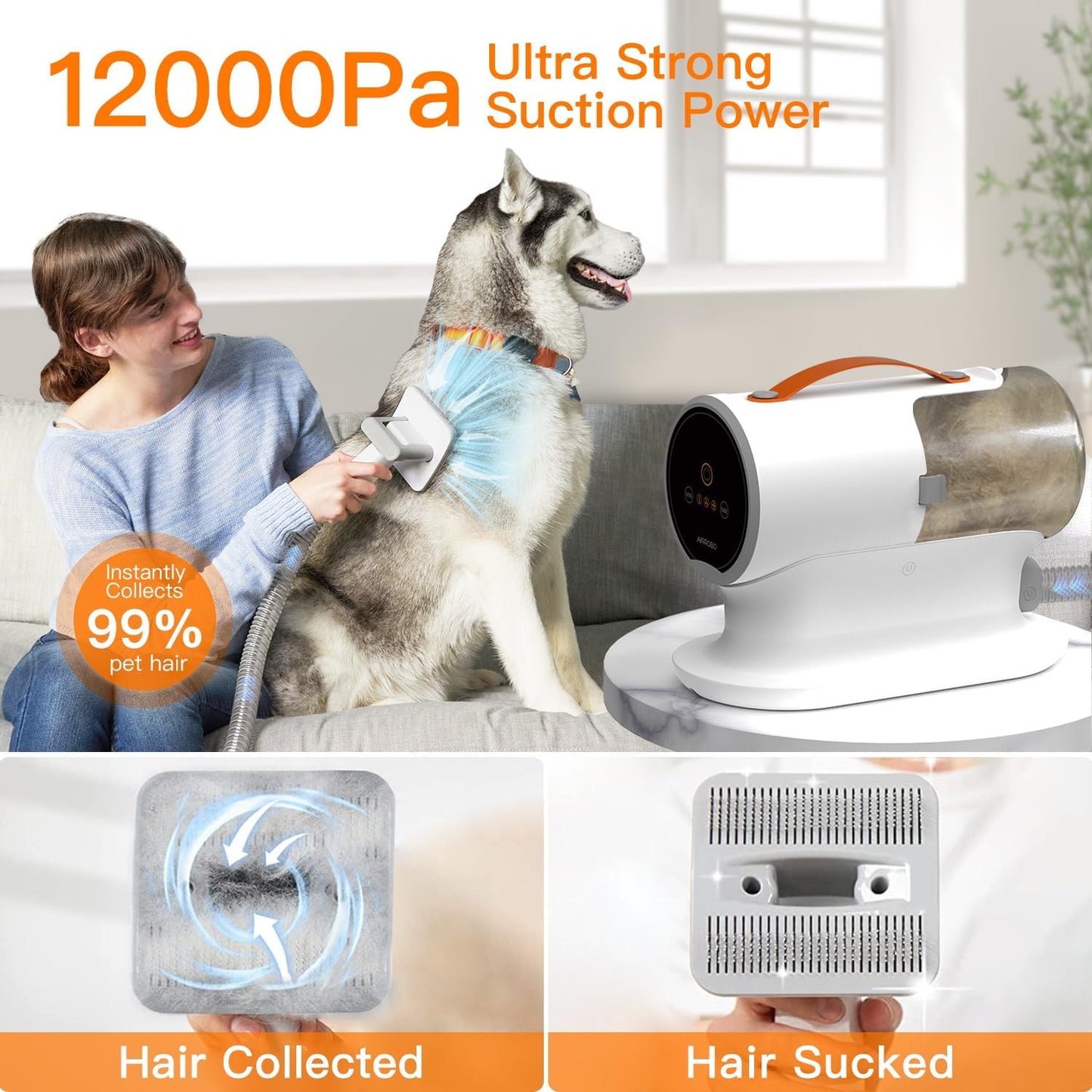 AIRROBO Dog Grooming Vacuum, Dog Hair Vacuum,12000Pa Strong Pet Grooming Vacuum for Dogs, 2L Large Capacity Dog Vacuum for Shedding Grooming Hair, Quiet, 5 Pet Grooming Tools, PG100
