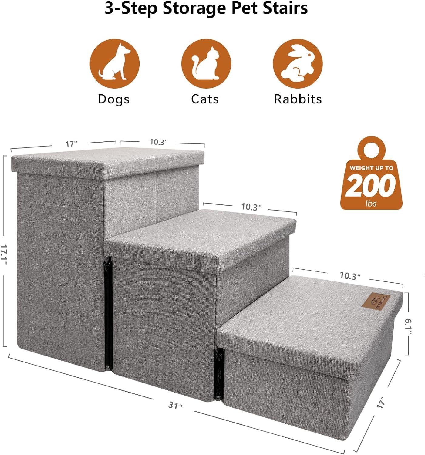 Dog Stairs, Dog Steps for High Beds 17.5"H, Folding Pet Stairs for Small Medium or Large Dogs Puppy with Storage for Bed and Couch, Dog Ramp for Car Hold up to 200 Lbs (Smok Grey, 3 Steps with Condo)