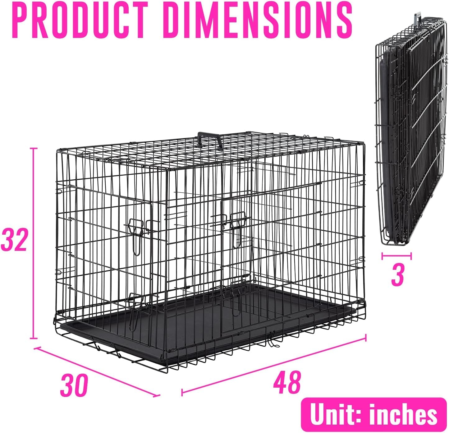 FDW Dog Crate Dog Cage Pet Crate for Large Dogs Folding Metal Pet Cage Double Door W/Divider Panel Indoor Outdoor Dog Kennel Leak-Proof Plastic Tray Wire Animal Cage (Black, 48 Inch)