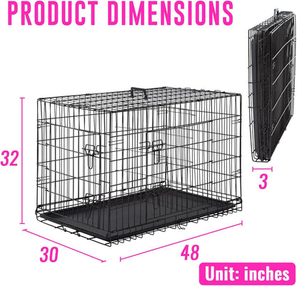 FDW Dog Crate Dog Cage Pet Crate for Large Dogs 42 Inch Folding Metal Pet Cage Double Door W/Divider Panel Indoor Outdoor Dog Kennel Leak-Proof Plastic Tray Wire Animal Cage,Dark Black