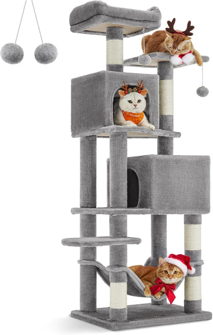 Feandrea Cat Tree, 61-Inch Cat Tower for Indoor Cats, Plush Multi-Level Cat Condo with 5 Scratching Posts, 2 Perches, 2 Caves, Hammock, 2 Pompoms, Light Gray UPCT192W01