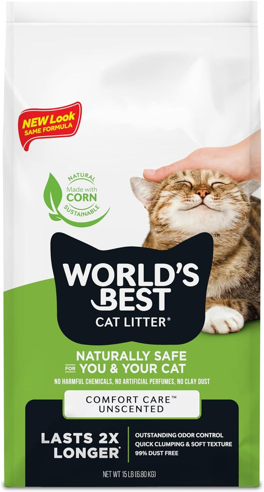 WORLD'S BEST CAT LITTER Comfort Care Unscented 15-Pounds - Natural Ingredients, Quick Clumping, Flushable, 99% Dust Free & Made in USA - Long-Lasting Odor Control & Easy Scooping