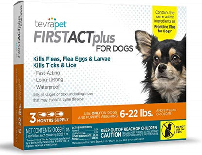 Firstact plus Flea Treatment for Dogs, Small Dogs 5-22 Lbs, 3 Doses, Same Active Ingredients as Frontline plus Flea and Tick Prevention for Dogs