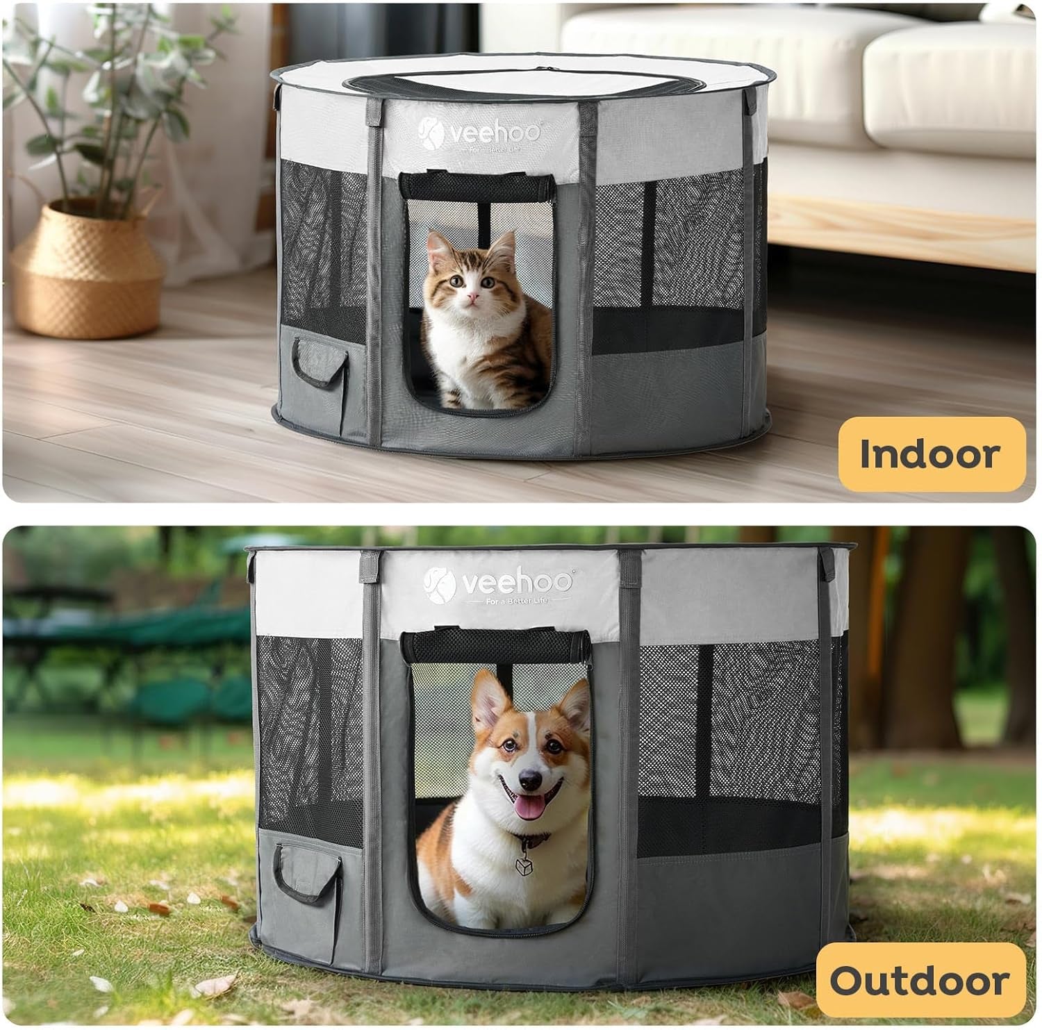 Veehoo Dog Playpen, Foldable Portable Puppy Dog Playpen, Anti-Collapse Pet Dog Play Pen Indoors, Cat Crate Cage Dog Kennel, Dog Playpen Outdoor Tent with Carring Case，CWWL2416CP