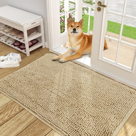 OLANLY Dog Door Mat for Muddy Paws, Absorbs Moisture and Dirt, Absorbent Non-Slip Washable Mat, Quick Dry Microfiber, Mud Mat for Dogs, Entry Indoor Door Mat for inside Floor(48X30 Inches, Beige)