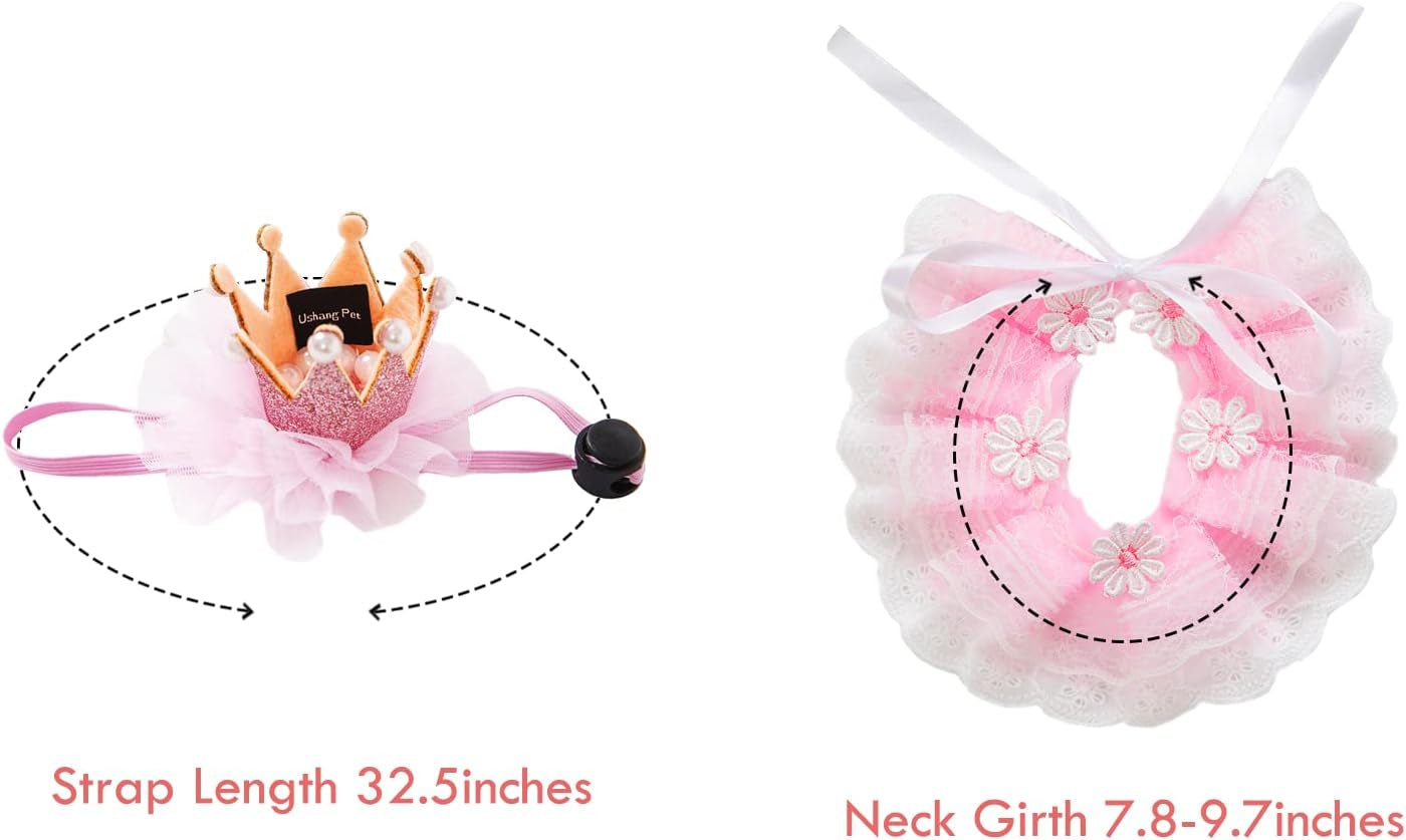 Cat Princess Costumes Pink Cat Crown Hat & Pink Lace Bandana Scarf Set, Puppy Part Hat for Small Dogs & Cat, Pink Outfit for Cats and Small Dogs Birthday Party