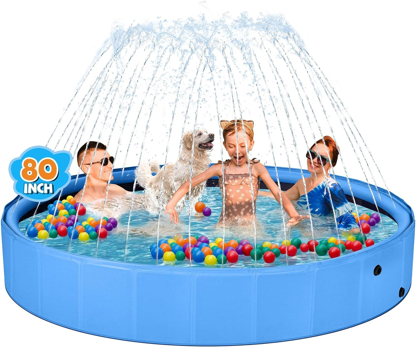 Jecoo Dog Pool with Sprinkler, Large 2-In-1 Foldable Dog Pool for Large Dogs Non-Slip Kiddie Pool Hard Plastic for Outdoor Backyard (80"X12")