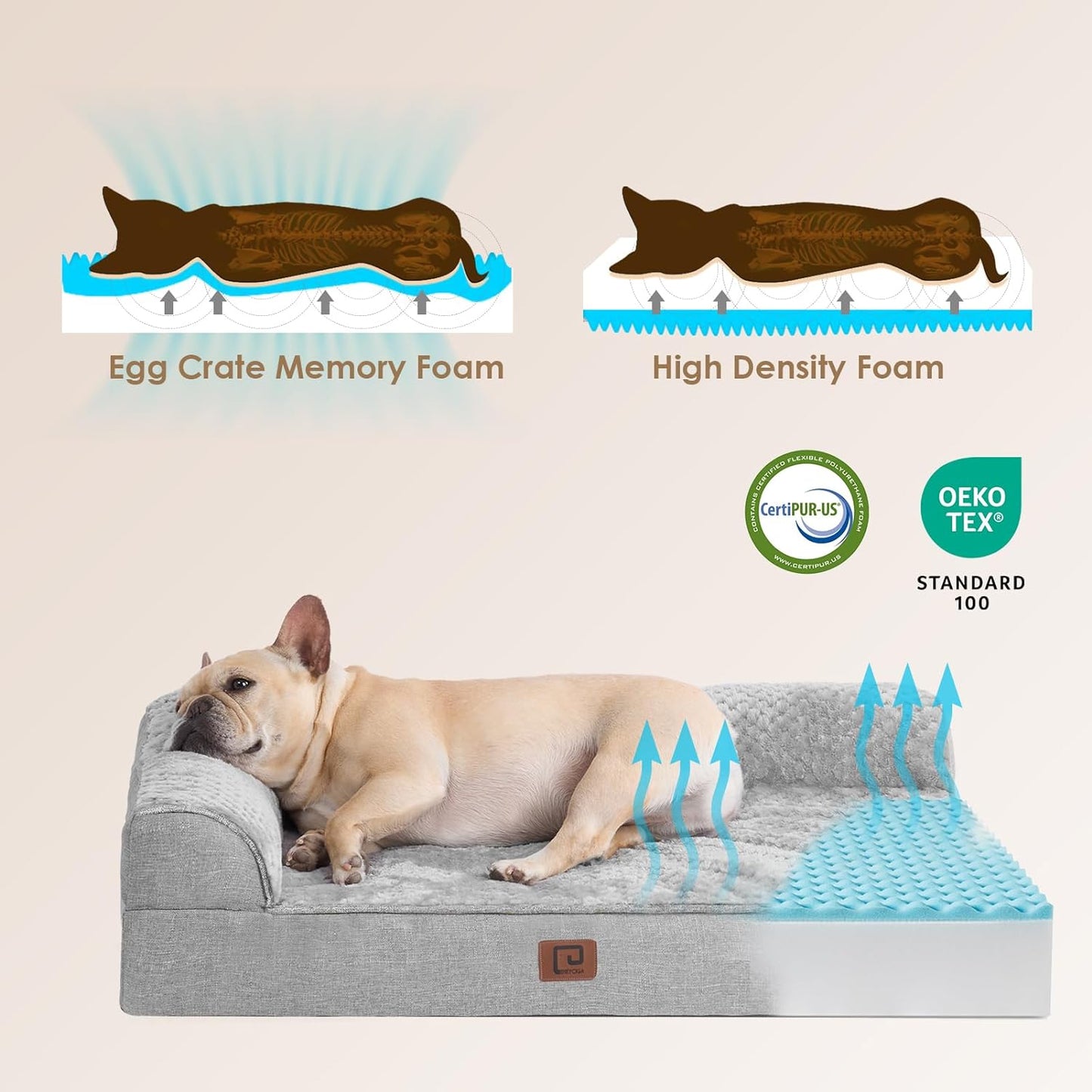 EHEYCIGA Memory Foam Orthopedic XL Dog Bed, Washable Dog Bed with Waterproof Lining Removable Cover, Extra Large Dog Bed Sofa with Nonskid Bottom Xlarge Pet Couch Bed, 44X32 Inches, Beige