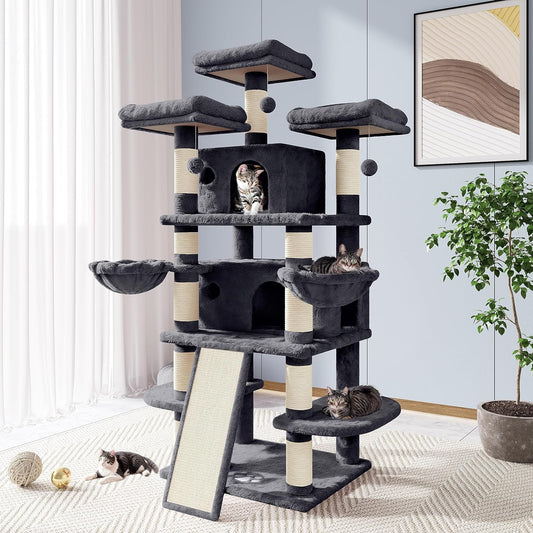 Allewie 68 Inches Cat Tree House with Condo, Scratching Post, and Multi-Level Towers for Cats - Smokey Grey