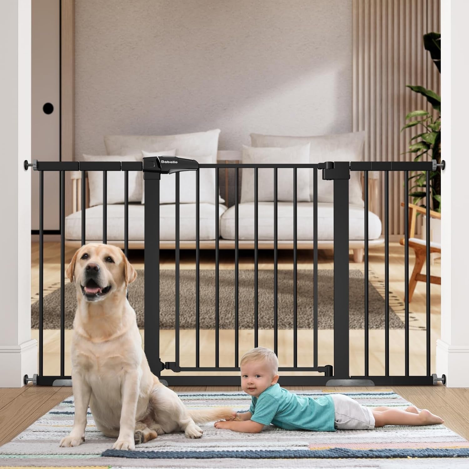 BABELIO 29-55 Inch Extra Wide Baby Gate, Metal Auto Close Dog Gate, Pressure Mounted Pet Gate for Doorways, NO Tools Needed NO Drilling, with Wall Cups, White