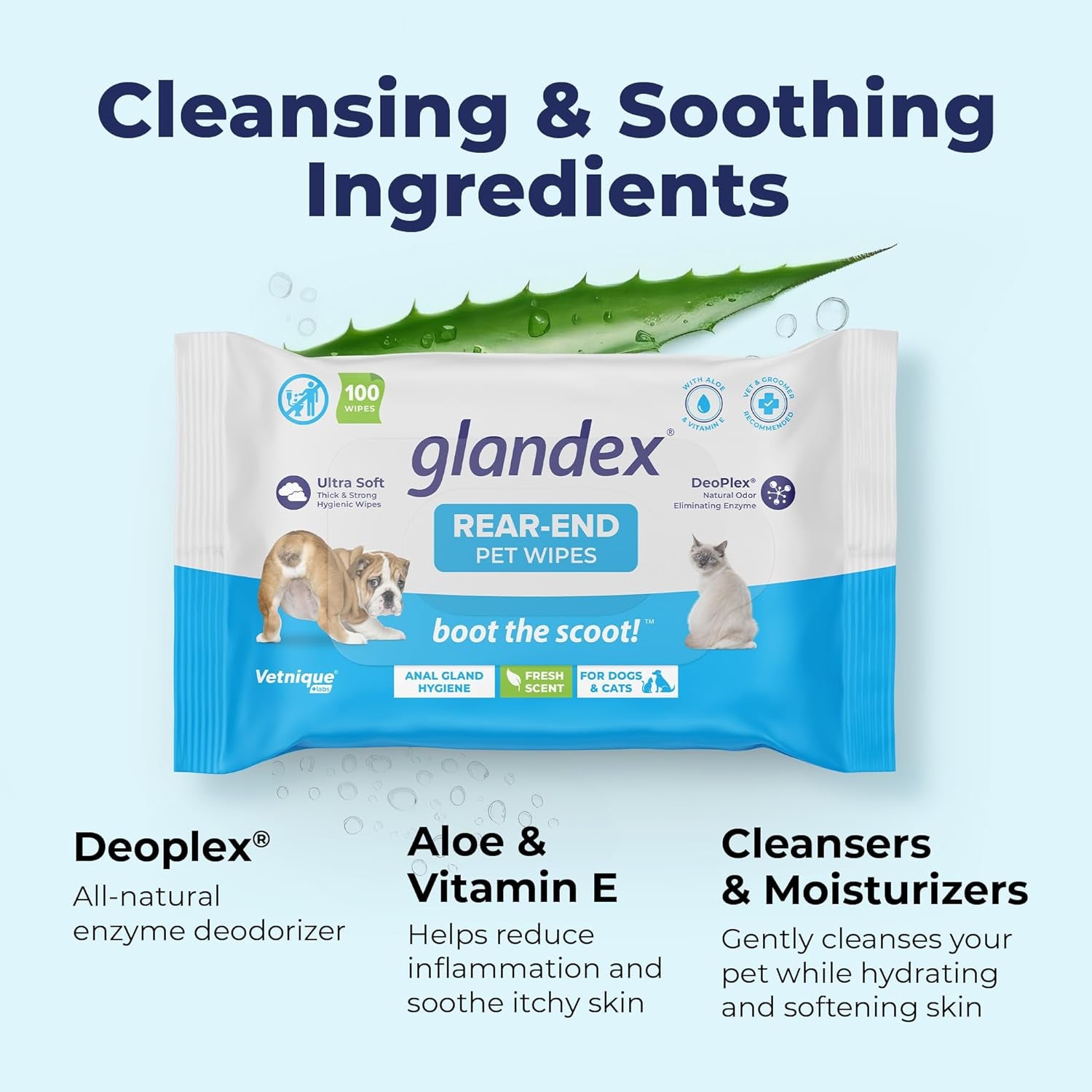 Vetnique Labs Glandex Dog Wipes for Pets Cleansing & Deodorizing Anal Gland Hygienic Wipe​S for Dogs & Cats with Vitamin E, Skin Conditioners and Aloe (100Ct Pouch)