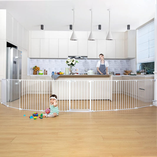 COMOMY 198" Baby Gate Extra Wide, Dog Gate Pet Gate for House Stairs Doorways Fireplace, Adjustable 3 in 1 Play Yard Child Safety Gate, Auto Close, Hardware Mounted (30" Tall, White)