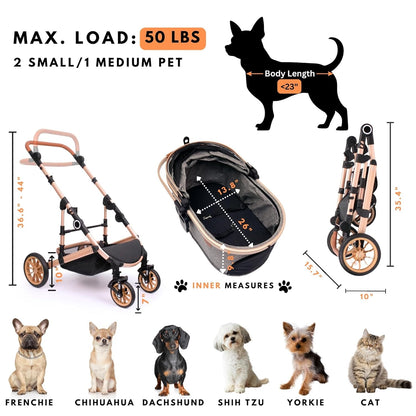 Pet Stroller with 4 Wheels, Foldable Pet Travel Carrier for Small/Medium Dogs Cats up to 50lbs, Detachble Portable Pet Bag, Storage Basket, Car Seat 3 in 1 Multifunctional (Grey)