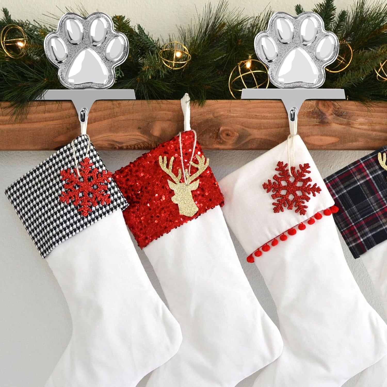 Dog Paw Christmas Stocking Holder, 3D Silver Metal Mantel Pet Paw Stocking Hanger for Christmas Fireplace Mantel Decorations Christmas Holiday Supplies