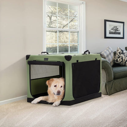 Petsfit 30 Inch Soft Dog Crate, Adjustable Fabric Cover by Spiral Iron Pipe, Chew Proof 3 Door Design, Travel Collapsible Dog Kennel Green