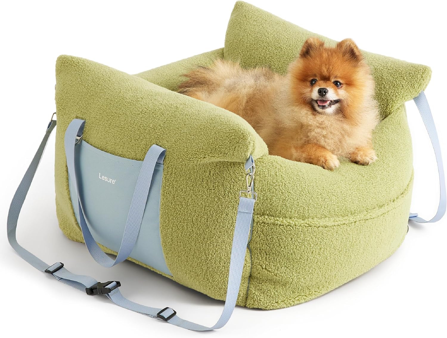 Lesure Small Dog Car Seat for Small Dogs - Sherpa Dog Booster Seat for Car with Storage Pockets and Clip-On Safety Leash and Thickened Memory Foam Filling, Puppy Travel Carrier Bed, Moss