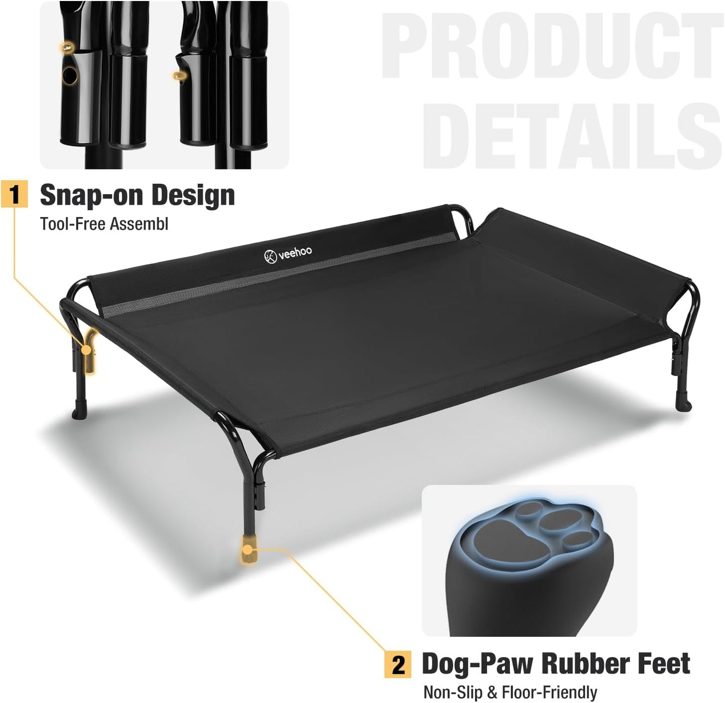 Veehoo Cooling Elevated Dog Bed, Dog Cots Beds for Large Dogs, Raised Dog Bed with Guardrail & Slope Headrest, Durable & Breathable Teslin Mesh, Dog Sofa Bed for Indoor & Outdoor, Large, Black