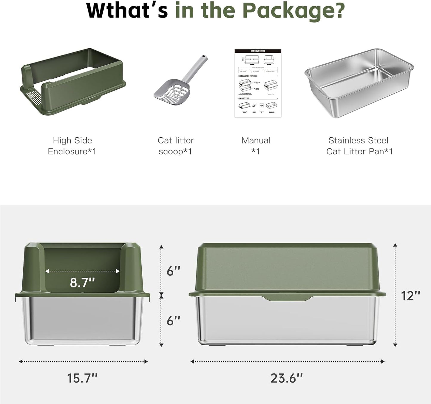 Enclosed Stainless Steel Cat Litter Box with High Side, XL Large Litter Box for Big Cats, Easy Clean Metal Kitty Litter Box with Scoop