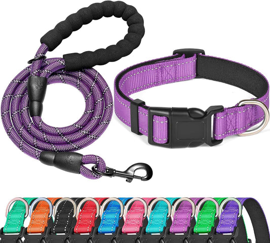 Reflective Dog Collar Padded with Soft Neoprene Breathable Adjustable Nylon Dog Collars for Small Medium Large Dogs (Large (Pack of 1), Purple Collar+Leash)