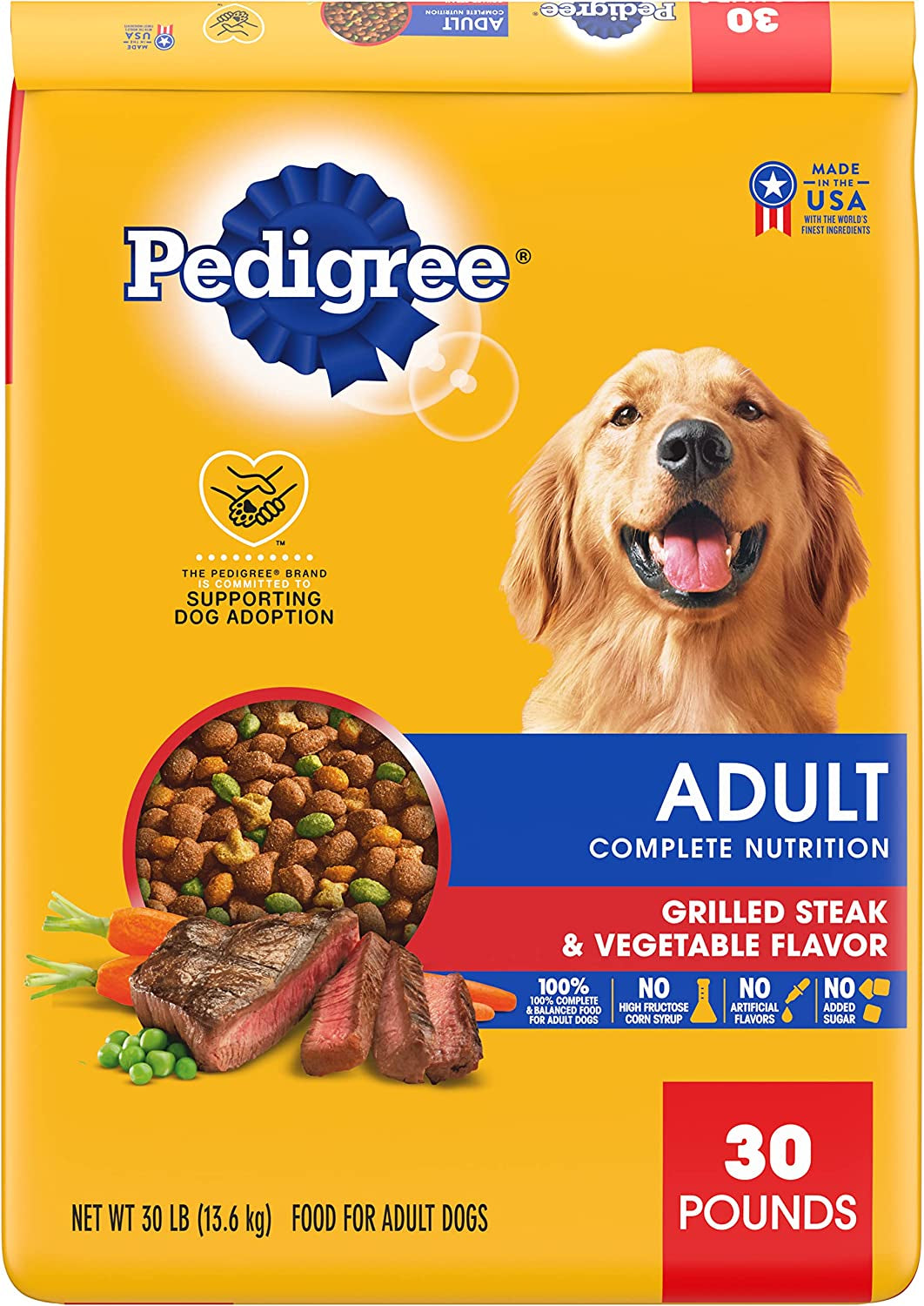 Pedigree Complete Nutrition Adult Dry Dog Food Grilled Steak & Vegetable Flavor Dog Kibble, 30 Lb. Bag