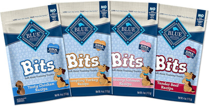 Blue Buffalo BLUE Bits Natural Soft-Moist Training Dog Treats, Beef, Salmon, Turkey, and Chicken Recipes 4-Oz Variety Pack, 4Ct