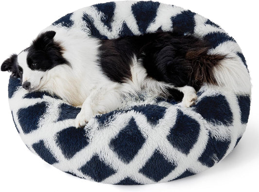 Bedsure Calming Dog Bed for Large Dogs - Donut Washable Large Pet Bed, 36 Inches Anti-Slip round Fluffy Plush Faux Fur Dog Bed, Fits up to 100 Lbs Pets, Diamond Blue