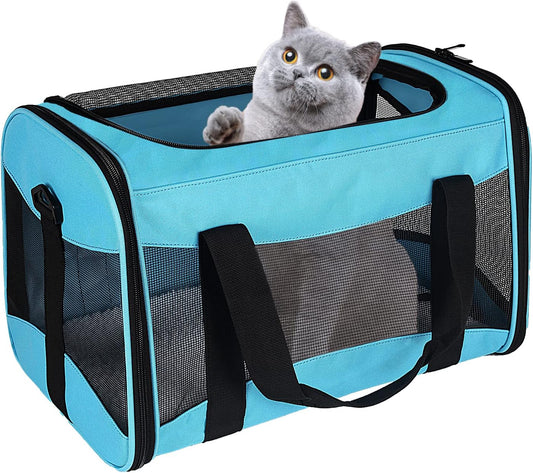 Cat Carrying Case - Pet Carrier Airline Approved, Protable and Breathable Pet Travel Carrier Removable Fleece Pad, Collapsible Cat Carrier Dog Carrier for Medium Cats Small Cats Dogs(Medium, Blue)