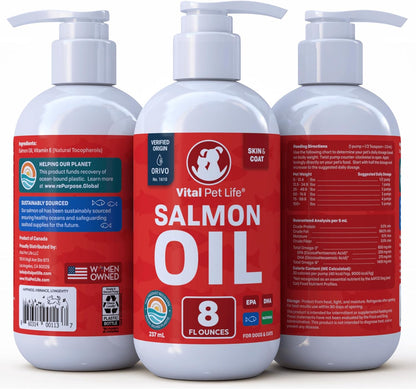 Salmon Oil for Dogs & Cats - Healthy Skin & Coat, Fish Oil, Omega 3 EPA DHA, Liquid Food Supplement for Pets, All Natural, Supports Joint & Bone Health, Natural Allergy & Inflammation Defense, 8 Oz