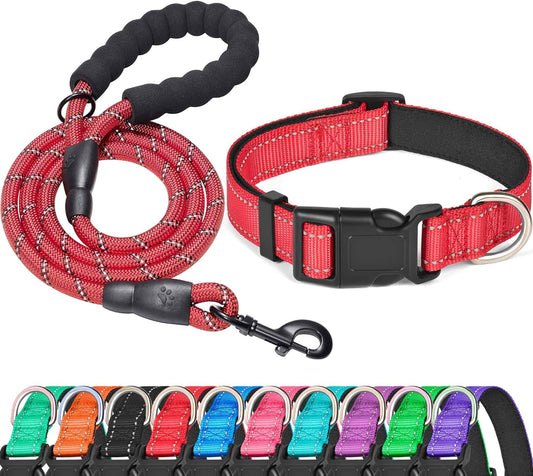 Reflective Dog Collar Padded with Soft Neoprene Breathable Adjustable Nylon Dog Collars for Small Medium Large Dogs (Small (Pack of 1), Red Collar+Leash)