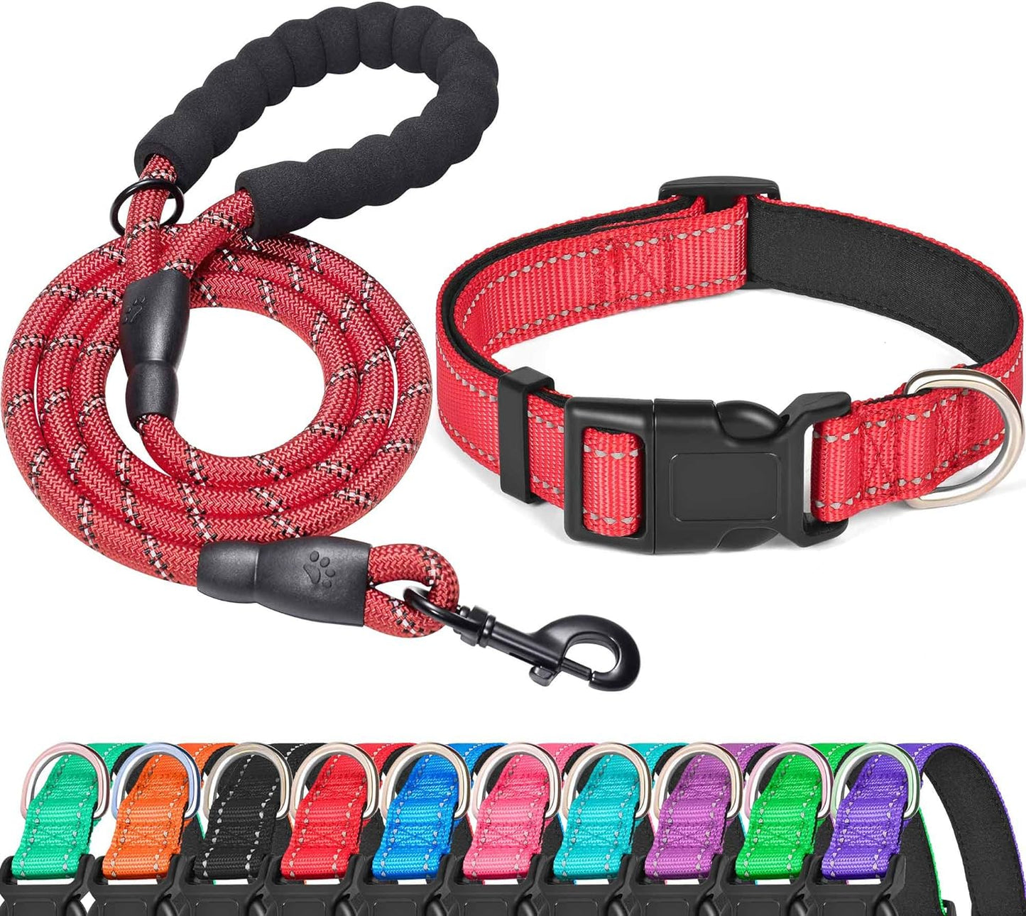 Reflective Dog Collar Padded with Soft Neoprene Breathable Adjustable Nylon Dog Collars for Small Medium Large Dogs (Medium (Pack of 1), Red Collar+Leash)