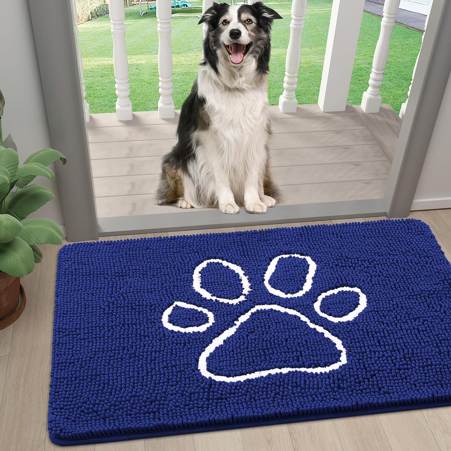 Smiry Dog Door Mat for Muddy Paws, Absorbent Dirt Trapper Non-Slip Washable Mat, Quick Dry Chenille, Mud Mat for Dogs, Entry Indoor Door Mat for inside Floor (24X16 Inches, Navy Blue)