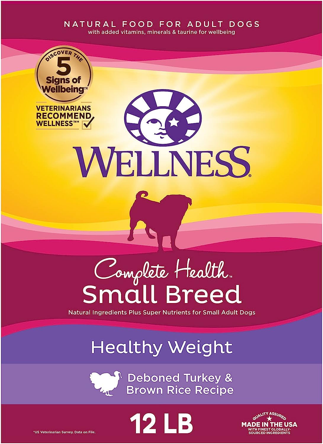 Wellness Complete Health Small Breed Dry Dog Food with Grains, Made in USA with Real Turkey and Natural Ingredients, for Dogs up to 25 Lbs, Healthy Weight, 12 Pound Bag