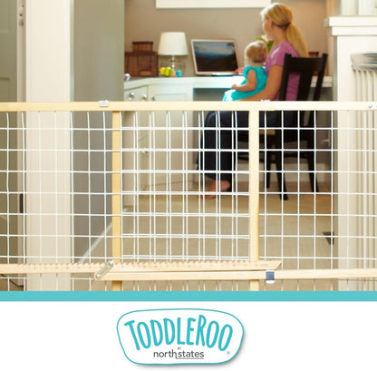 Toddleroo by North States Extra Wide Wire Mesh Wooden Baby Gate: 29.5"-50" Wide. Pressure Mounted Baby Gate for Doorway. (31" Tall, Sustainable Hardwood)