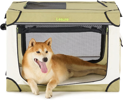 Lesure Soft Collapsible Dog Crate - 30 Inch Portable Travel Dog Crate for Medium Dogs Indoor & Outdoor, 4-Door Foldable Pet Kennel with Durable Mesh Windows (Beige)