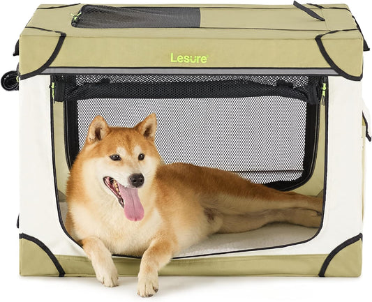 Lesure Soft Collapsible Dog Crate - 30 Inch Portable Travel Dog Crate for Medium Dogs Indoor & Outdoor, 4-Door Foldable Pet Kennel with Durable Mesh Windows (Beige)