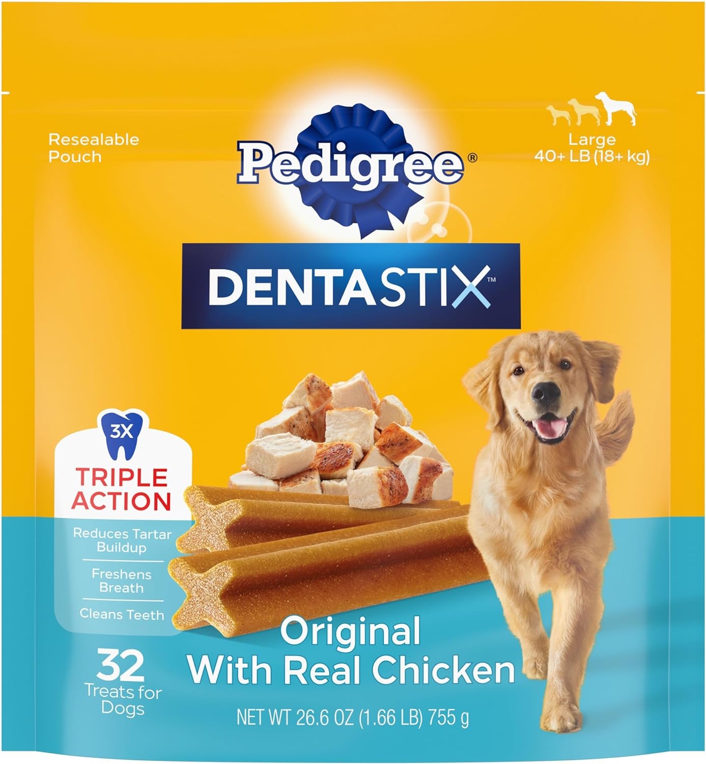 PEDIGREE DENTASTIX Large Dog Dental Treats Original Flavor Dental Bones, 1.72 lb. Pack (32 Treats)