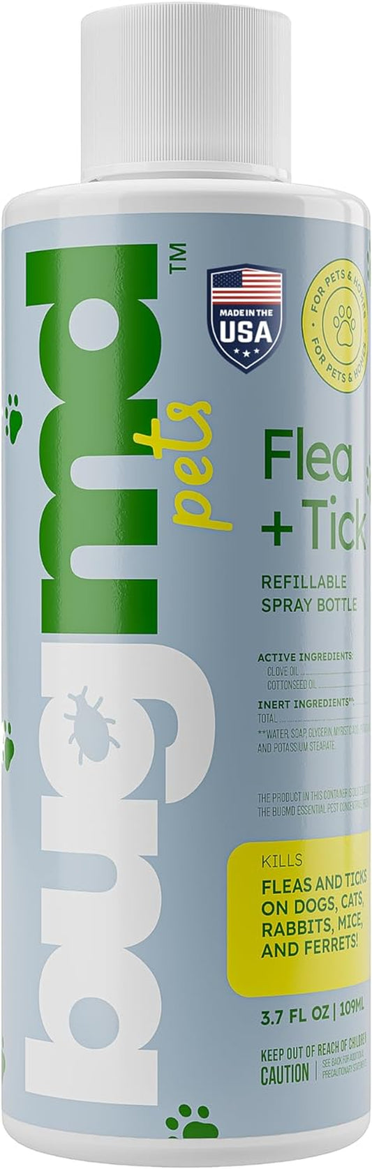 Bugmd Flea and Tick Concentrate (3.7 Oz)- Essential Oil-Powered Formula, Controls Fleas, Ticks, Mites in Dogs, Cats, and Other Furred Animals, Spray on Pet Beds, Kennels