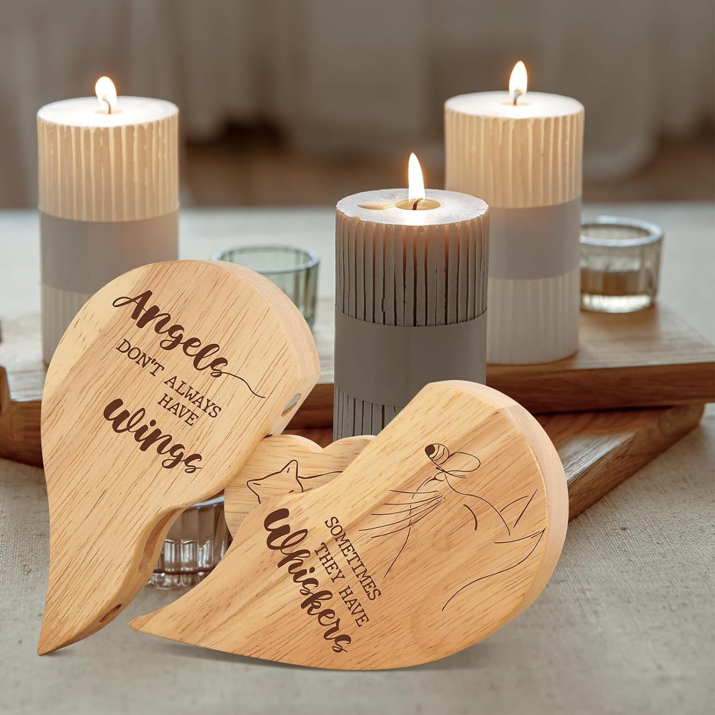 Cat Memorials Gifts - Loss of Cat Sympathy Gift, Cat Bereavement Gifts, Wooden Heart Pet Memorial Gifts, Wooden Decorative Signs Plaques - Angels Don'T Always Have Wings