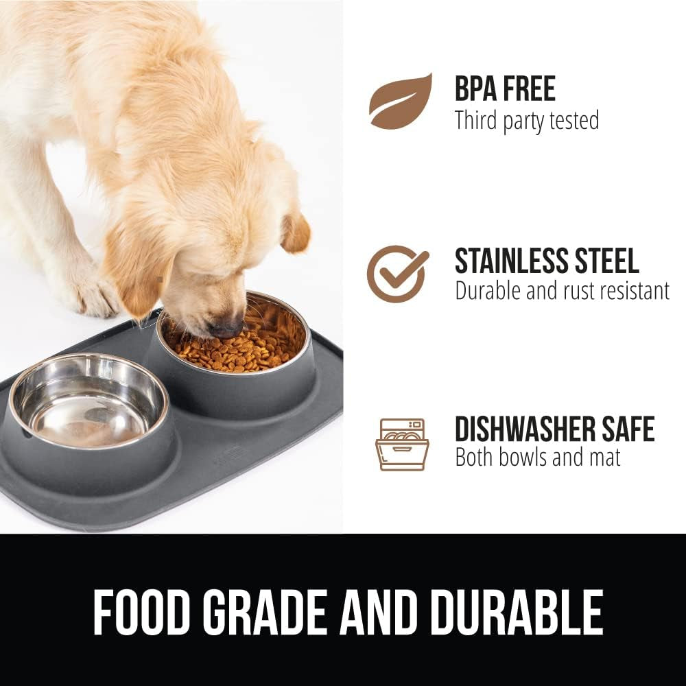 Gorilla Grip 100% Waterproof BPA Free Cat and Dog Bowls Silicone Feeding Mat Set, Stainless Steel Bowl Slip Resistant Raised Edges, Catch Water, Food Mess, No Spills, Pet Accessories, 2 Cup, Black