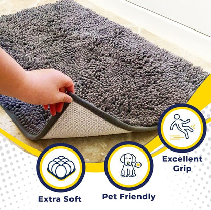 Muddy Mat® AS-SEEN-ON-TV Highly Absorbent Microfiber Dog Door Mat and Pet Rug, Non Slip Thick Washable Area and Bath Mat Soft Chenille for Kitchen Bathroom Bedroom and Indoor - Grey Medium 30"X19"