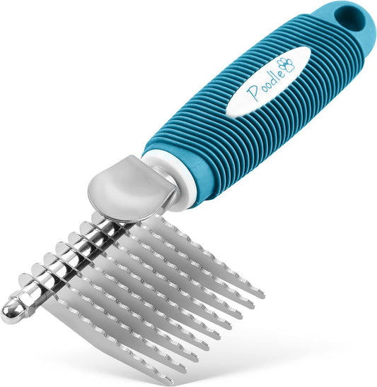 Poodle Pet Dematting Fur Rake Comb Brush Tool - Dog and Cat Comb with Long 2.5 Inches Steel Safety Blades for Detangling Matted or Knotted Undercoat Hair (Blue, Dematting Comb)