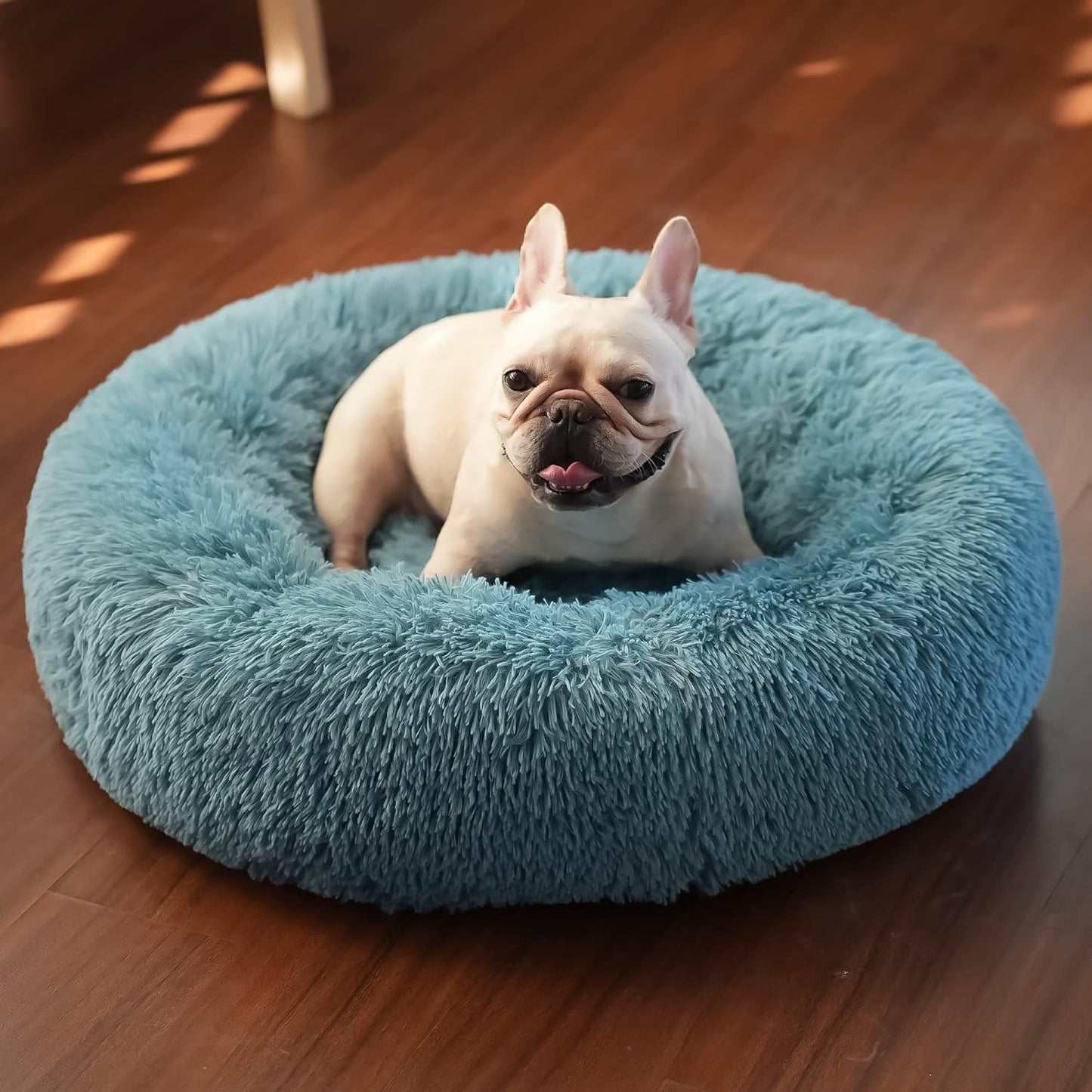 Blue Dog Bed for Small Dogs Fluffy Anti-Anxiety Dog Bed, Calming Dog Bed for Small Dogs Washble Snuggle Safe and Soft Puppy Bed for Small Dogs,Round Donut Machine Washable Small Pet Bed.