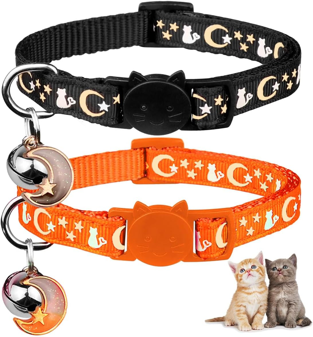 2PCS Breakaway Cat Collars with Bell Cute Kitty Glow in the Dark Adjustable Kitten Collars 7.9-13.0 Inch(Orange&Black)