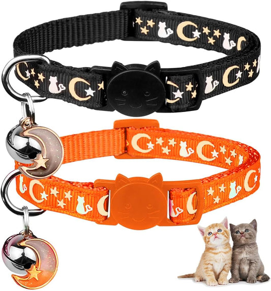 2PCS Breakaway Cat Collars with Bell Cute Kitty Glow in the Dark Adjustable Kitten Collars(Orange&Black)