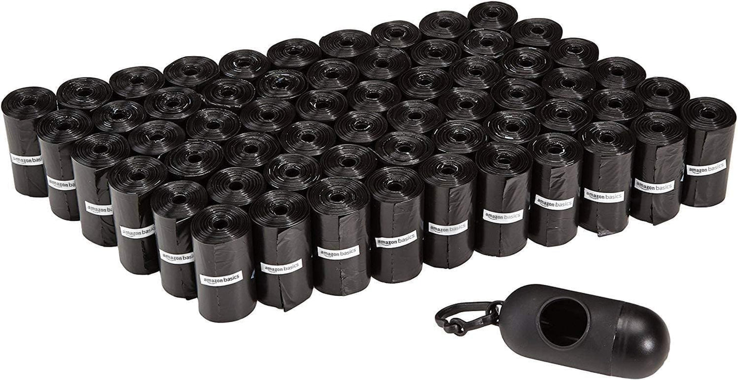 Amazon Basics Standard Dog Poop Bags with Dispenser and Leash Clip, Unscented, 900 Count, 60 Pack of 15, Black, 13 Inch X 9 Inch