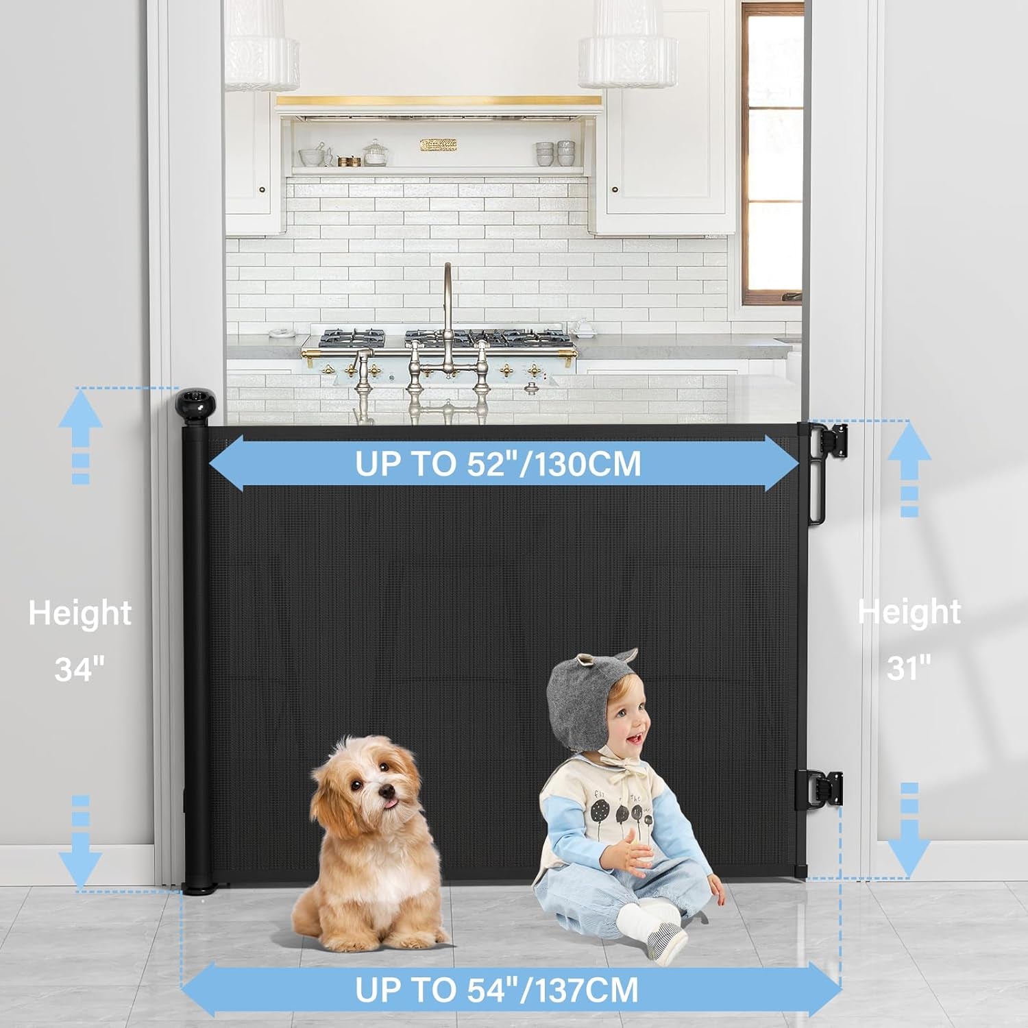 Retractable Baby Gates for Stairs No Drill, Probebi Retractable Dog Gate Indoor Extends to 54" Wide 34" Tall, Child Gates for Doorways, Stair Gate Use for Outdoor, Hallways, Doorways, Deck, Porch