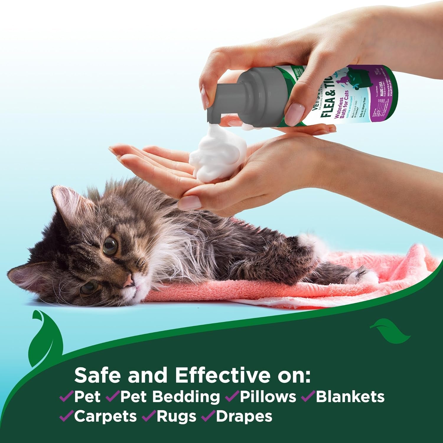 Vet'S Best Flea & Tick Waterless Bath Foam for Cats - Flea-Killing Dry Shampoo for Cats - Plant-Based Formula - Certified Natural Oils - 8 Oz