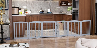 Freestanding Pet Gate for Dogs, Foldable Wooden Dog Gate for House, Extra Wide Dog Gate, Indoor Dog Gate for Stair, Doorway, Hall, Support Feet Included, 120 Inch Wide, 6 Panels 24", Grey