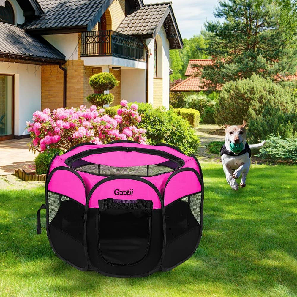 Portable Large Pet Cat Playpen for Indoor Outdoor Cats, Foldable Big Dog Playpen Tent Kennel Crate with Cover Enclosed for House Puppy Travel Camping (Large Size, Pink)