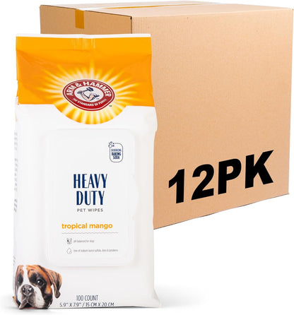 Arm & Hammer for Pets Heavy Duty Multipurpose Pet Bath Wipes | Dog Wipes Remove Odor & Refreshes Skin | Mango Scent, Dog Grooming Wipes for Pets (Pack of 12,1200 Count Total)